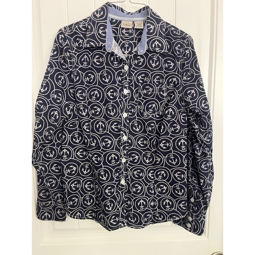 LL Bean Womens Navy Anchor Button Down Shirt Long Sleeve Blouse Small Preppy 733